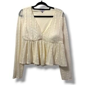 Ruby & Jewell Floral Lace V-Neck Peplum Long Sleeve Top Sheer Cream XL Boho